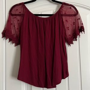 Papaya Burgundy Boho Blouse Sheer Lace Puff Sleeve Top Rayon Size Large